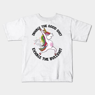 Inhale the good shit Exhale the bullshit yoga unicorn Kids T-Shirt